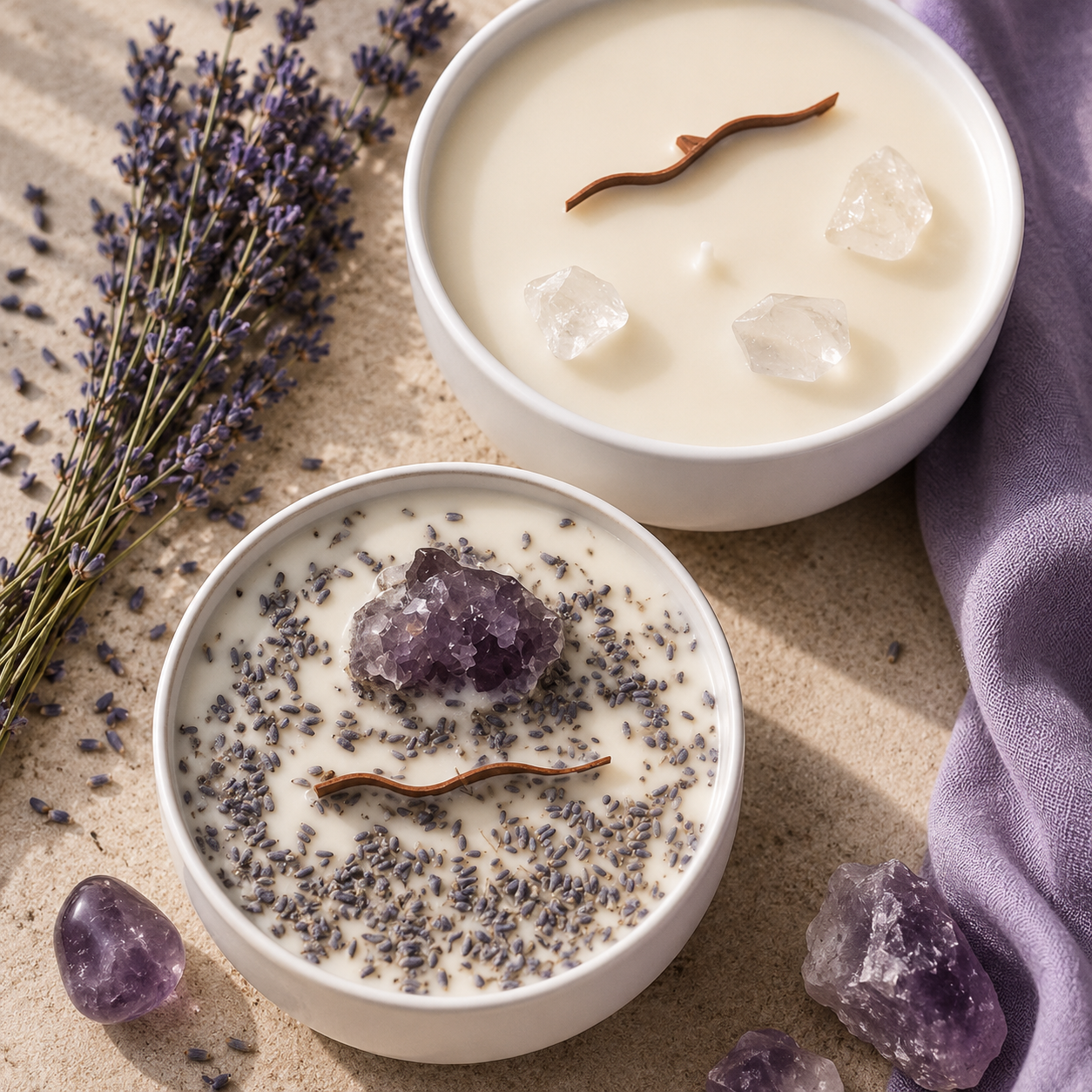 Two lavender-scented candles decorated with dried lavender, purple crystals, and small lavender seeds on a sandy surface with a purple cloth, creating a calming relaxing scene.