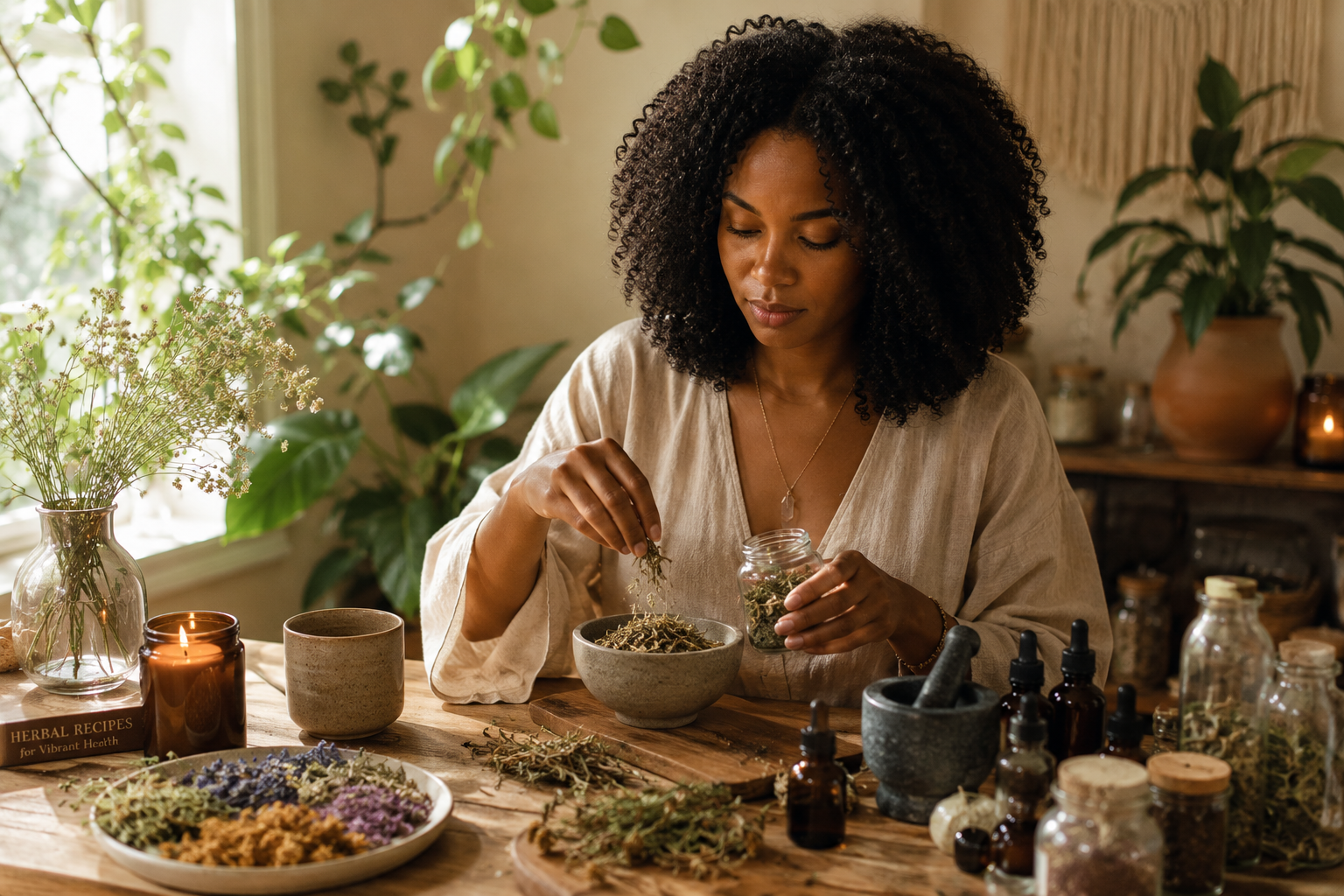 A woman with curly hair making herbal remedies in a cozy, plant-filled room, adding herbs to a jar.