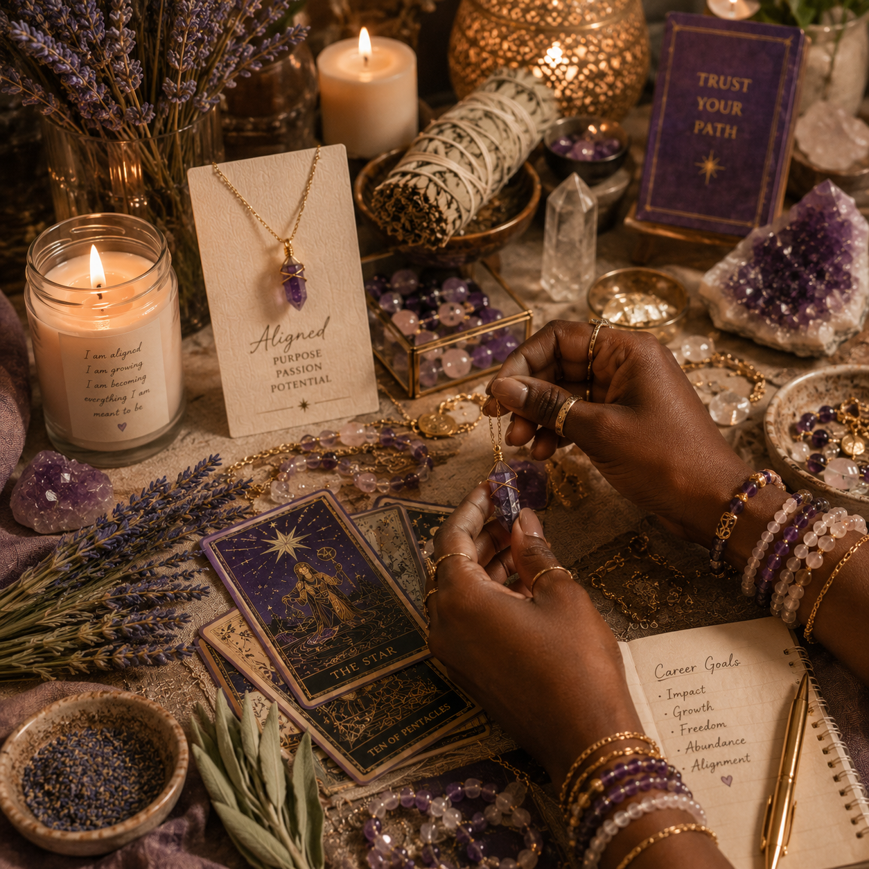 Close-up of a person holding a purple crystal pendant necklace at a spiritual or tarot reading setup, surrounded by candles, crystals, tarot cards, jewelry, and lavender on a table.