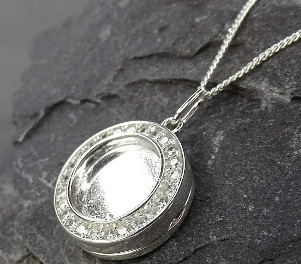Elegant Sterling Silver Locket Necklace with Shimmering CZ Stones