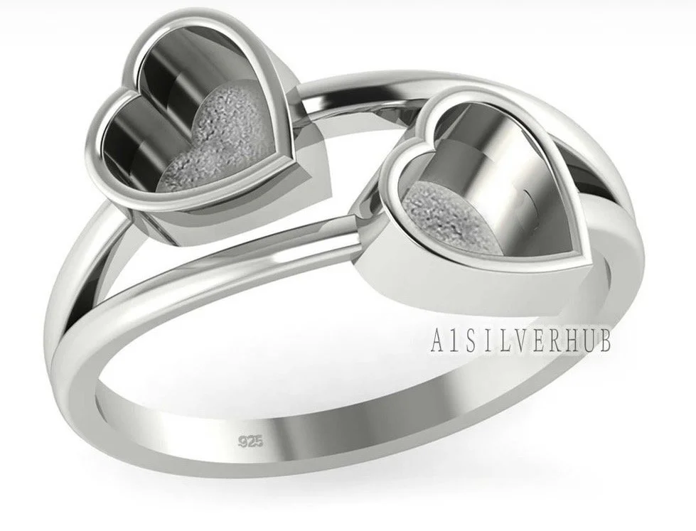 Double Heart Memorial Ring in Sterling Silver