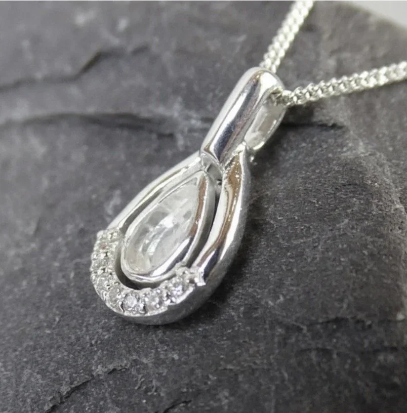 Sterling Silver Tear Drop Crystal Pendant Necklace with CZ