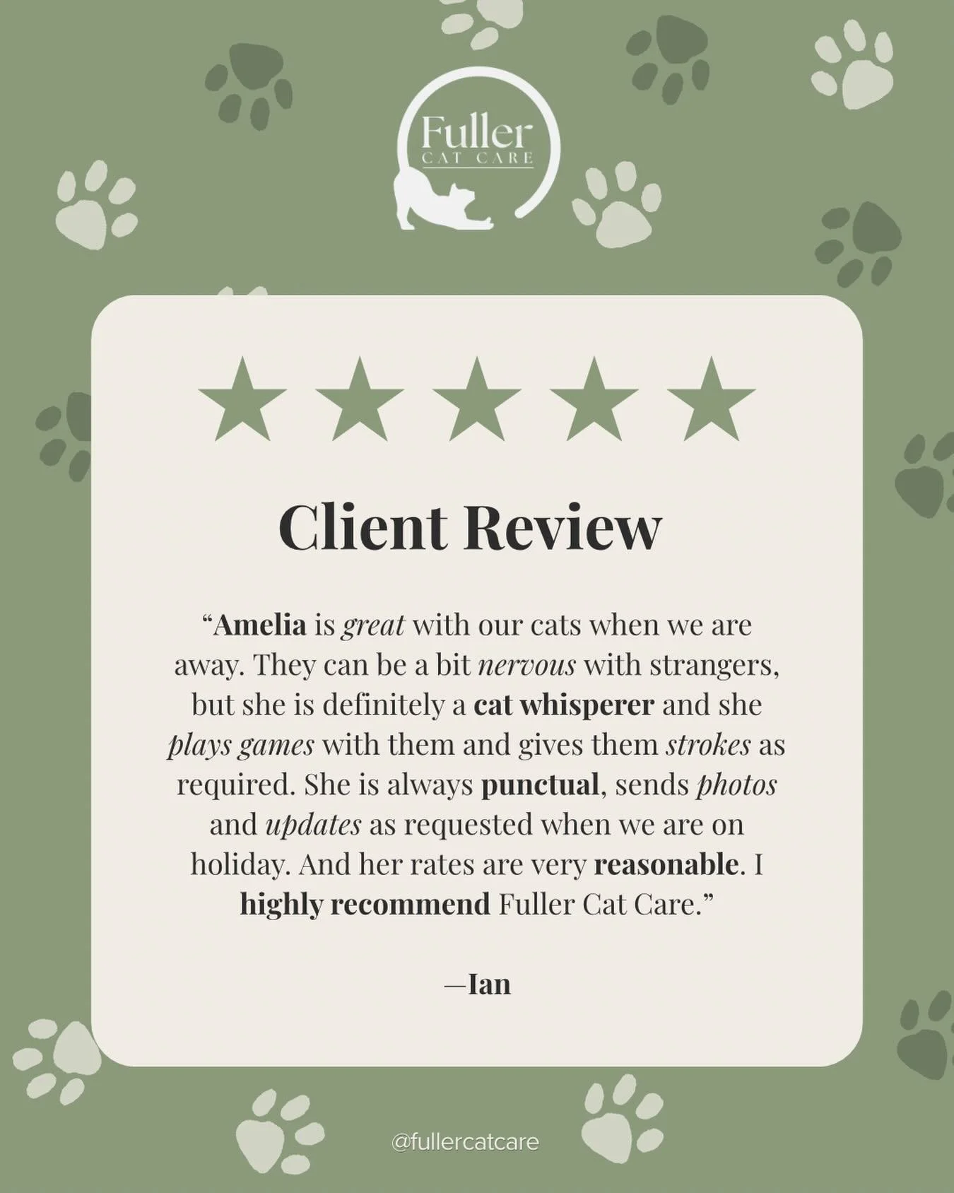 &ldquo;She&rsquo;s definitely a cat whisperer&rdquo; 🐾

Nervous cats. New faces. Zero stress
(For your cat or for you.)

That&rsquo;s the Fuller Cat Care promise: patient, punctual, and always keeping you posted while you&rsquo;re away.

Thank you f