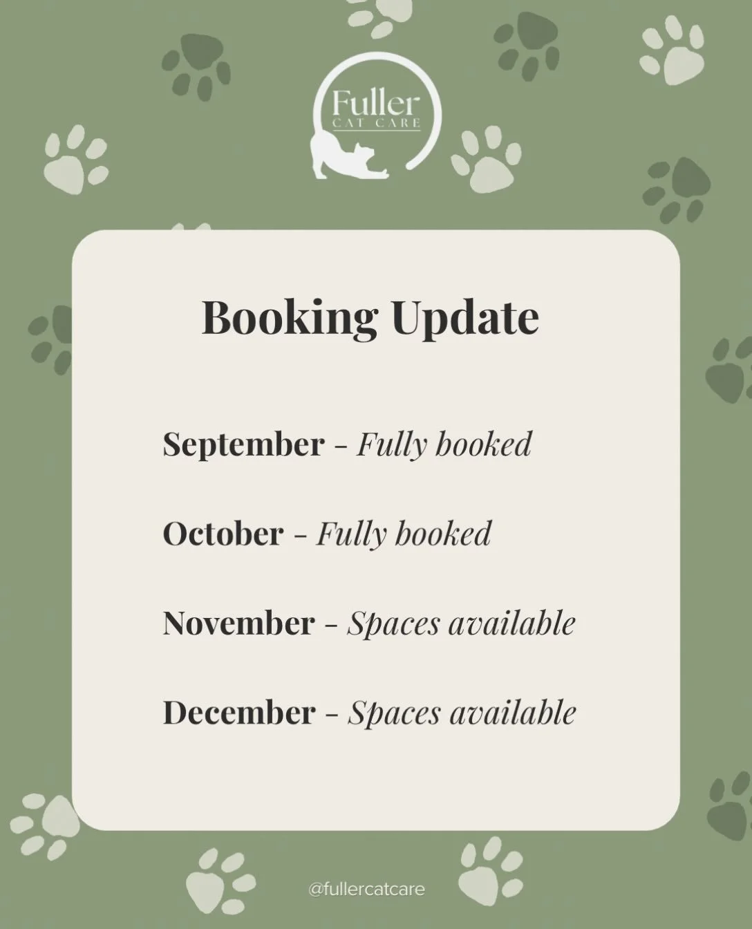Booking update! 🐾

September &amp; October are officially FULL 

Thank you to everyone who&rsquo;s trusted me with their cats

November &amp; December still have spaces available

So if you&rsquo;re planning ahead for the festive season, now&rsquo;s