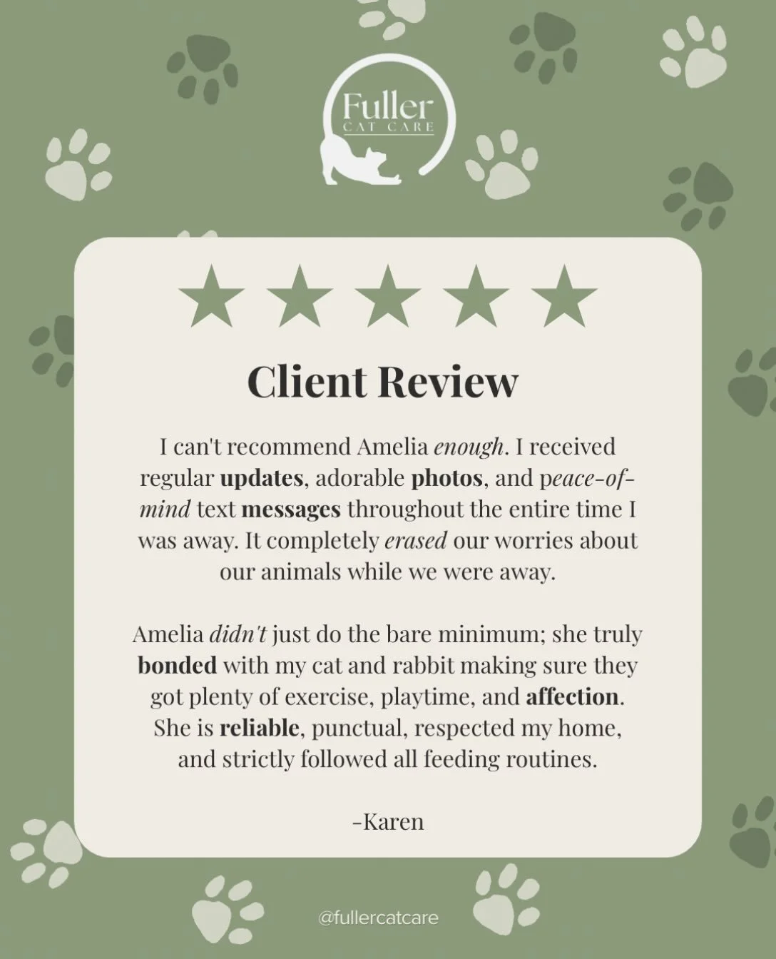 Nothing makes my day like hearing this 🐾

No matter what makes my goal is always the same; total peace of mind while you&rsquo;re away. 

Regular updates, photos, and a genuinely bonded relationship with your cats isn&rsquo;t the extra, it&rsquo;s t