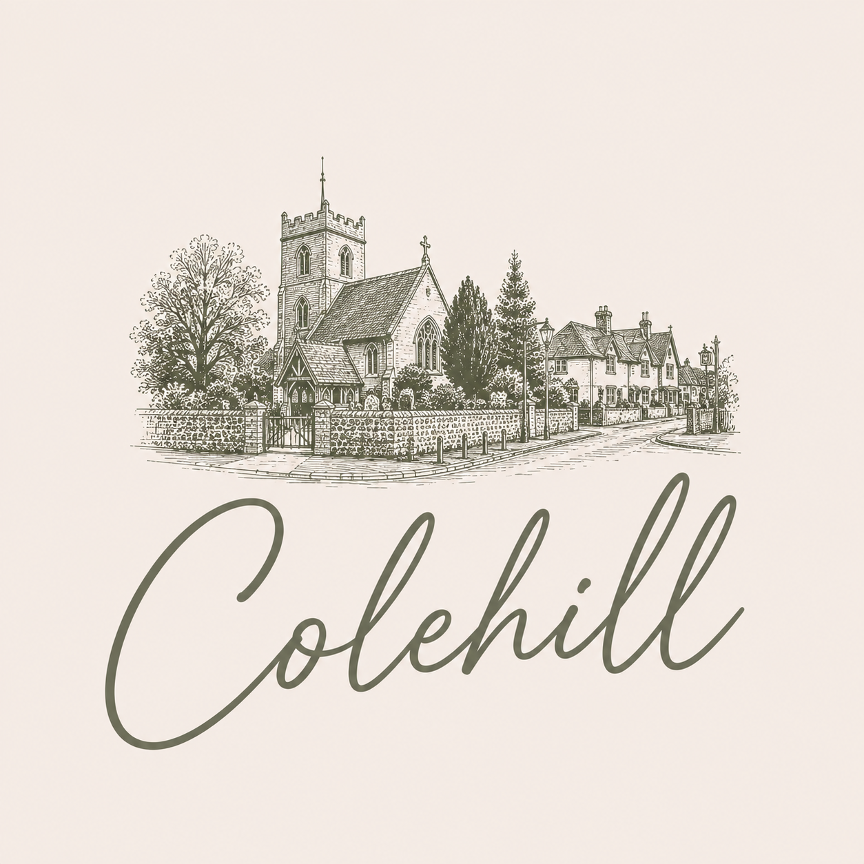 An illustration of a church and surrounding buildings with trees and street lamps, with the word "Colehill" written in cursive below.