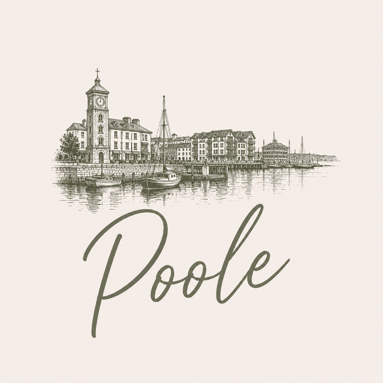 Sketch of a waterfront scene in Poole with boats docked, historic buildings, and the word 'Poole' in cursive below.
