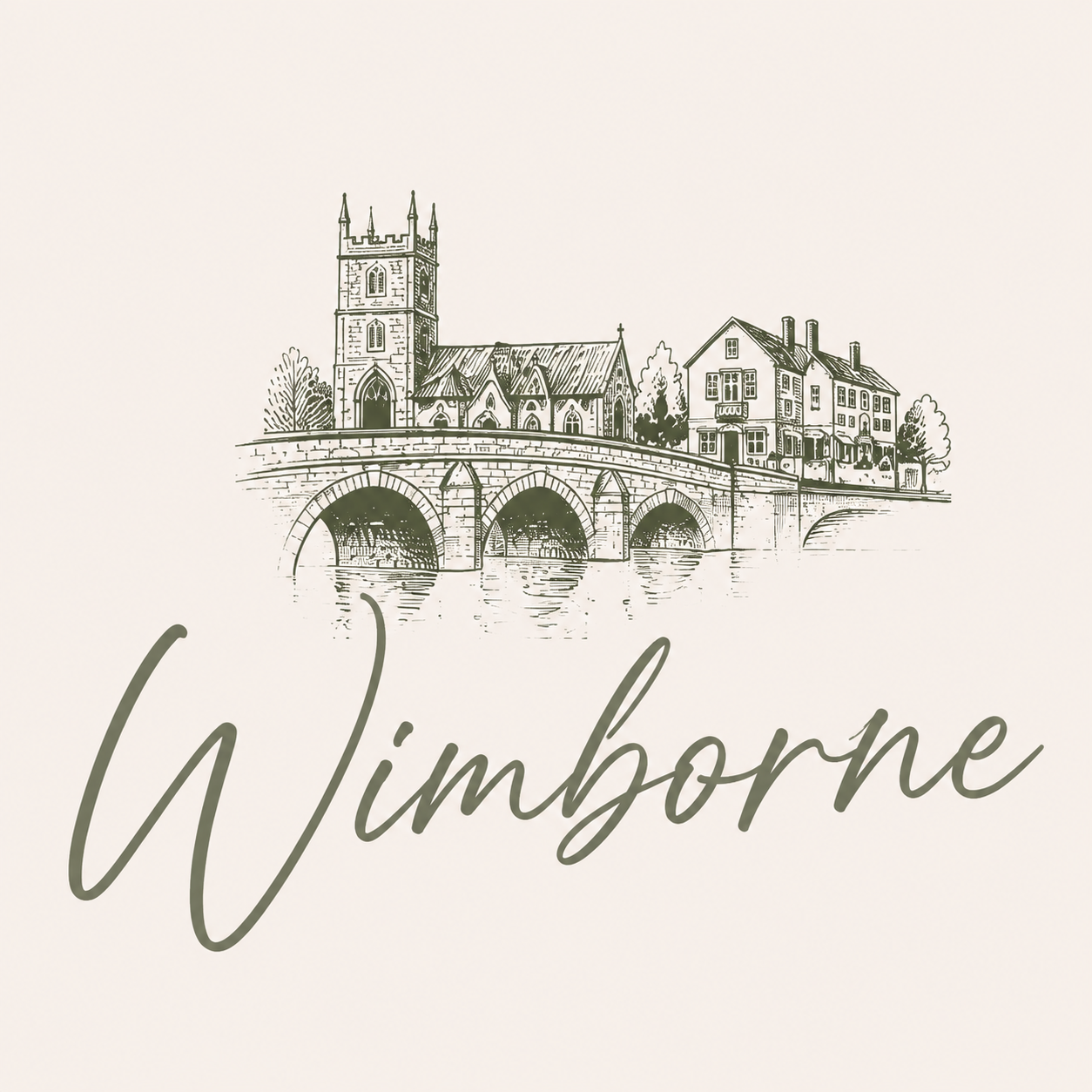 Illustration of a historic town scene with a church, bridge, and houses, and the word 'Wimborne' in cursive underneath.