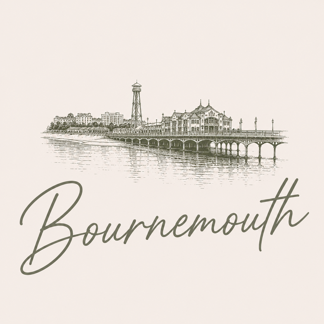 Sketch of a pier with a building and a tower along the water, with the word 'Bournemouth' written in cursive below.