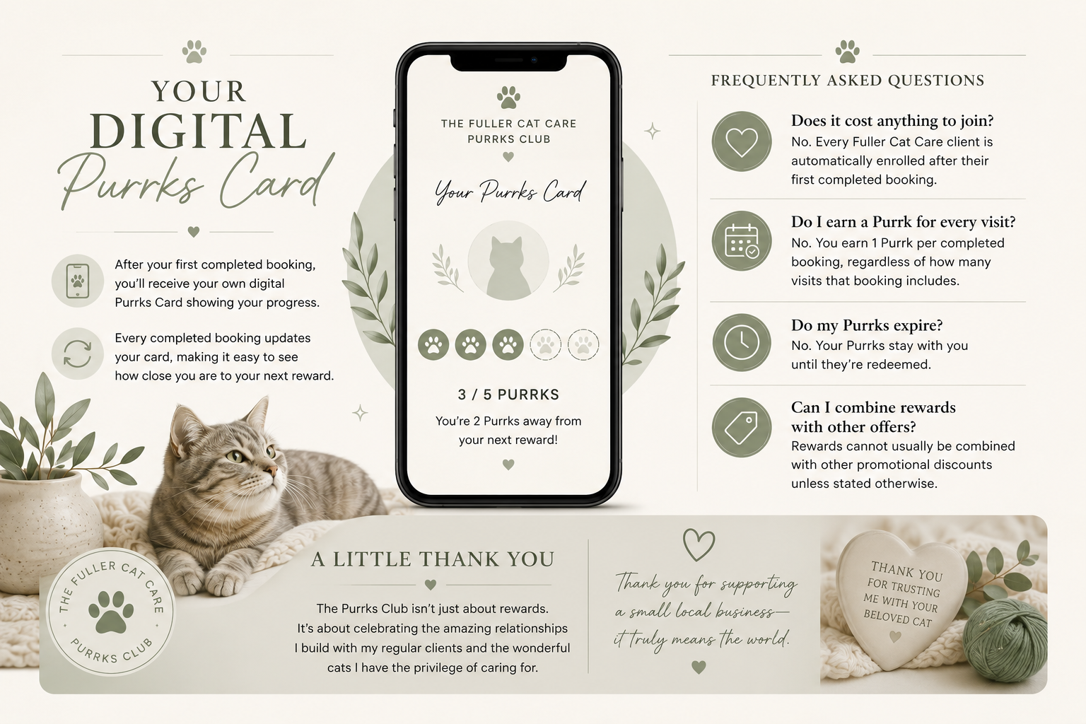 Informational graphic for a digital cat care rewards program featuring a smartphone app, a cat lounging with a plant, and various text sections about program benefits, frequently asked questions, and a thank you message, in neutral tones and minimalist design.
