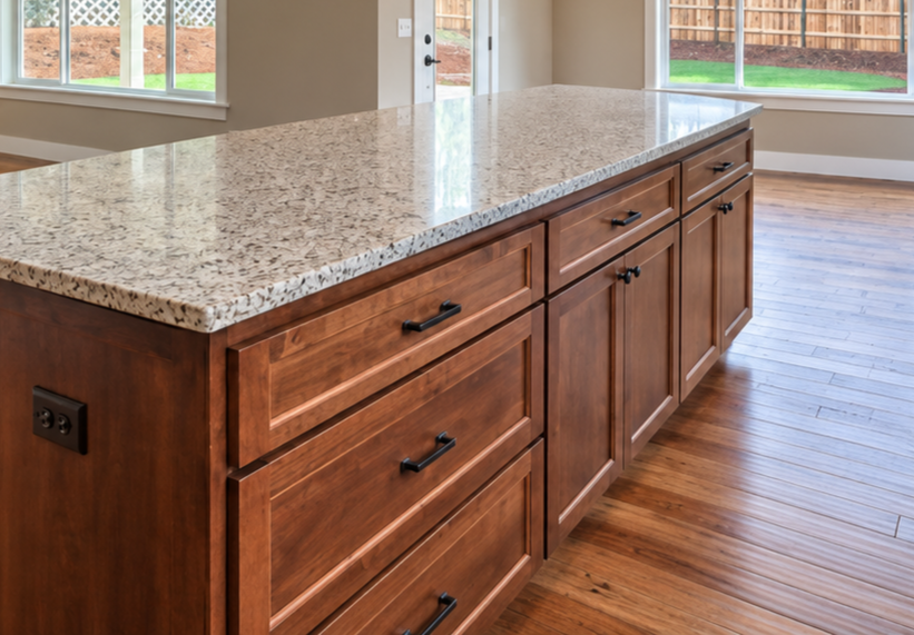 Kitchen island before remodel with dark wood cabinetry and granite countertop.