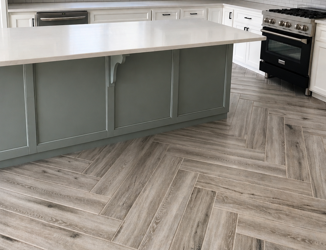 Modern kitchen with white cabinets, light gray backsplash, light green island with a white countertop, large window with blinds, black pendant lights, stainless steel appliances, and wood-look tile flooring in a herringbone pattern.