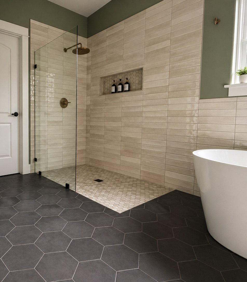 Remodeled walk-in shower with stacked tile walls, hex mosaic shower floor, tiled niche and frameless glass panel.