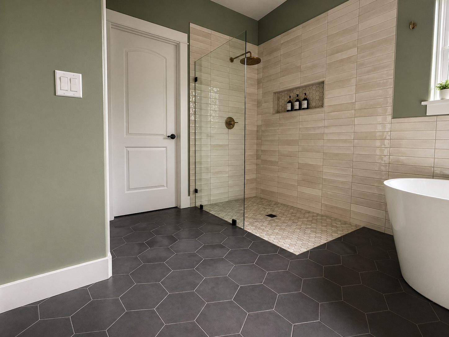 Custom curbless shower featuring a hexagon tile floor, tiled walls, frameless glass, and modern bathroom renovation by Sold Ground Tile Co.