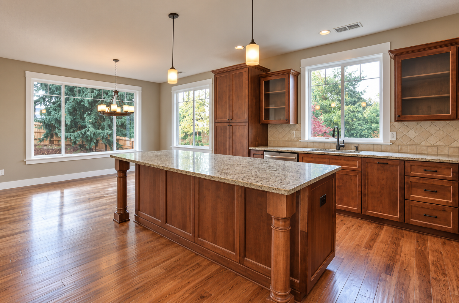 Kitchen before remodel with dark wood cabinetry, granite countertops and hardwood flooring.