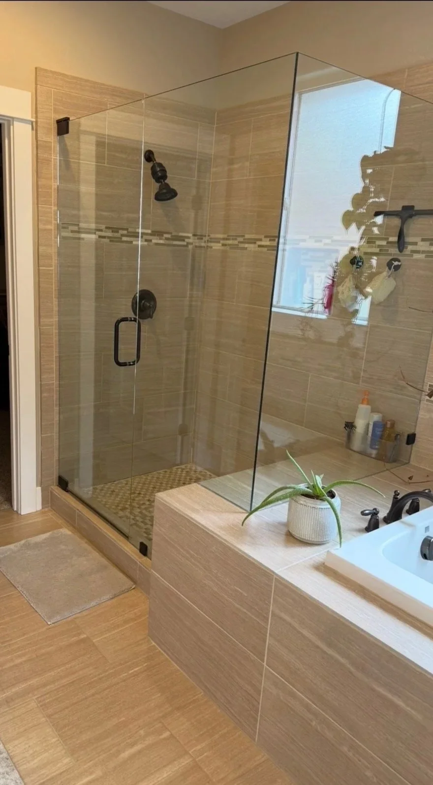 Custom walk-in tile shower and bathroom remodel by Solid Ground Tile Co. in Southern Oregon.