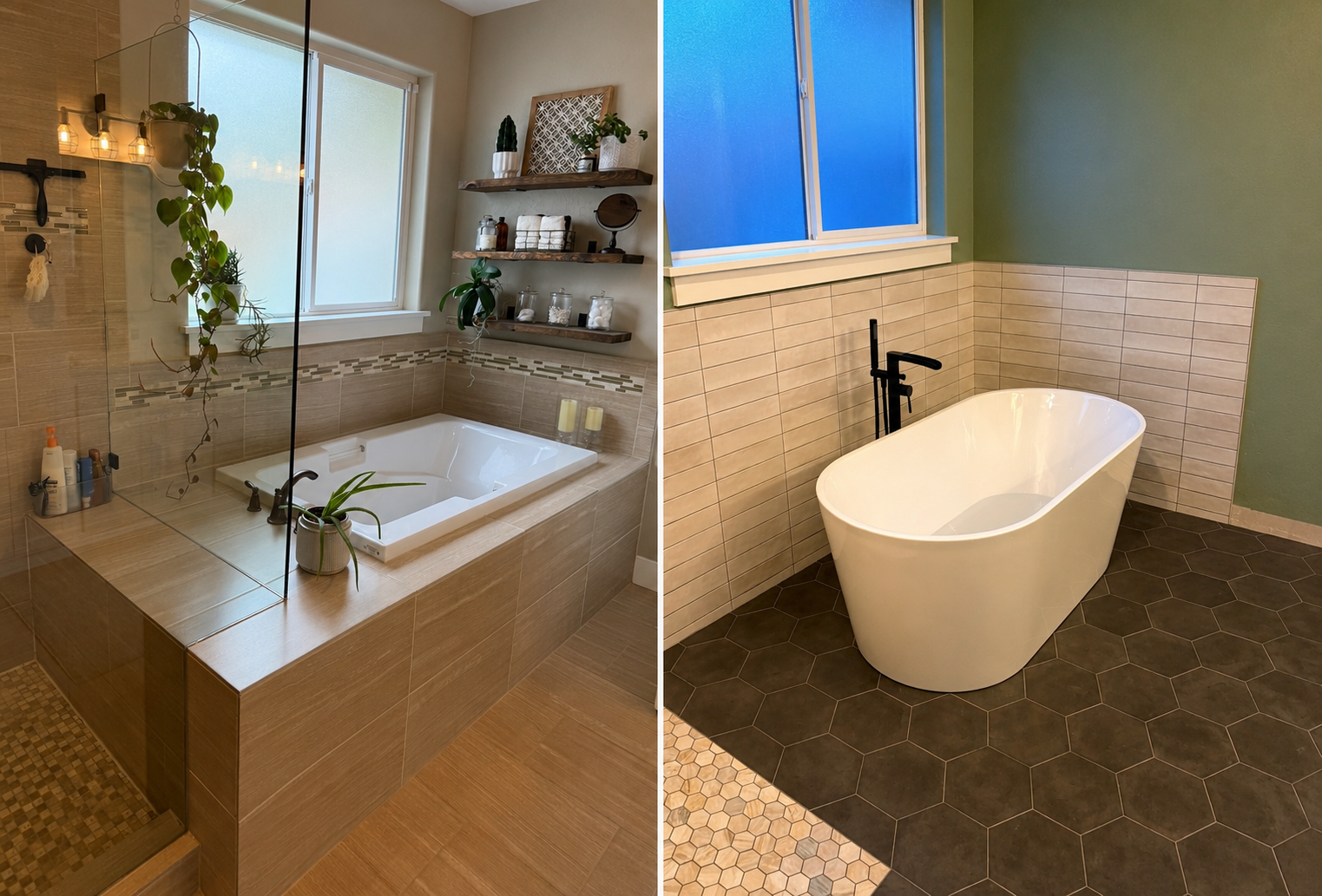 Before and after comparison of a master bathroom renovation featuring an updated tub surround and modern finishes.