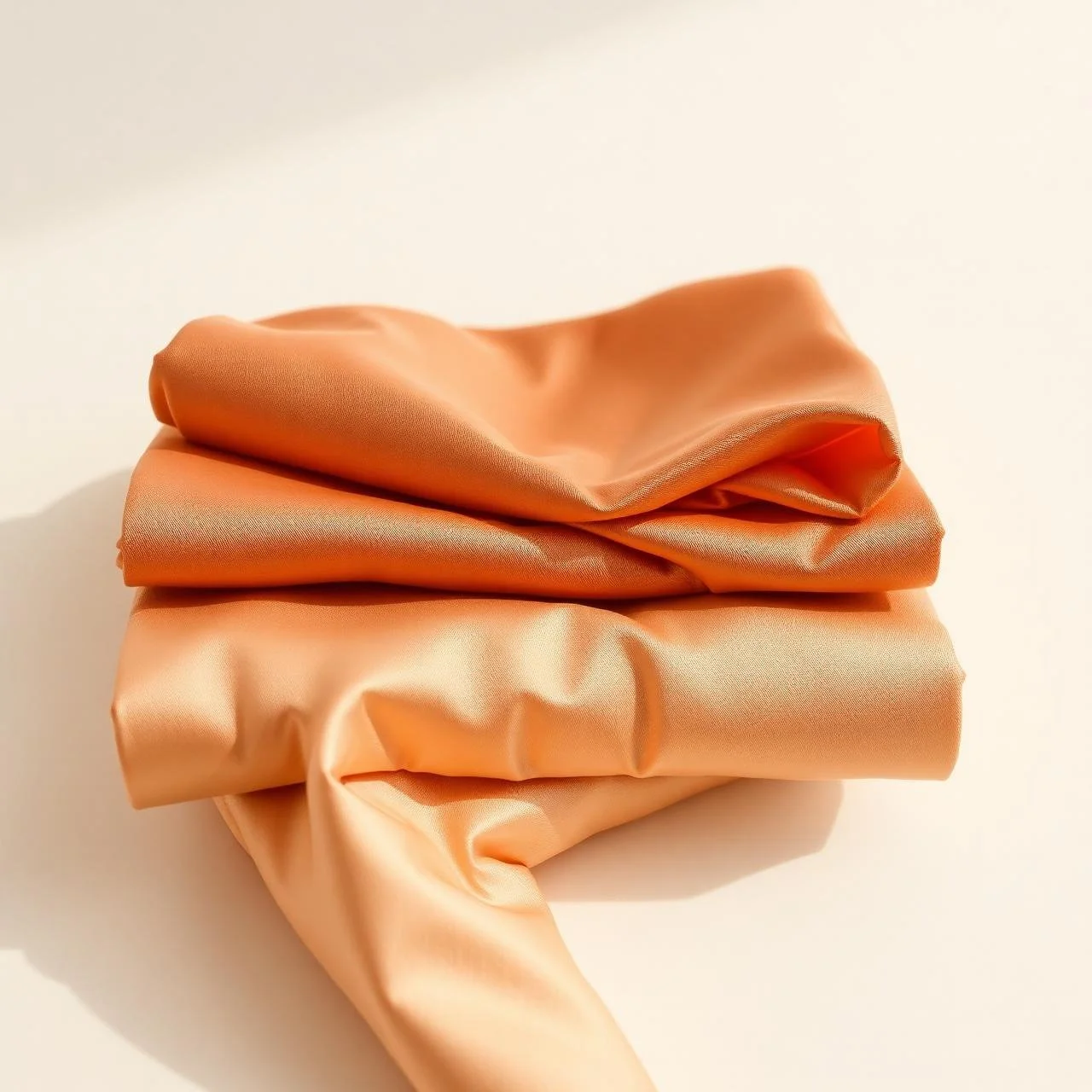 Folded peach satin fabric on white surface.