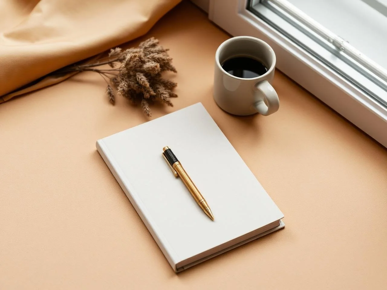 A beige desk with a closed white notebook, a gold pen resting on top, a white mug filled with black coffee, a bunch of dried flowers, and a window in the background.