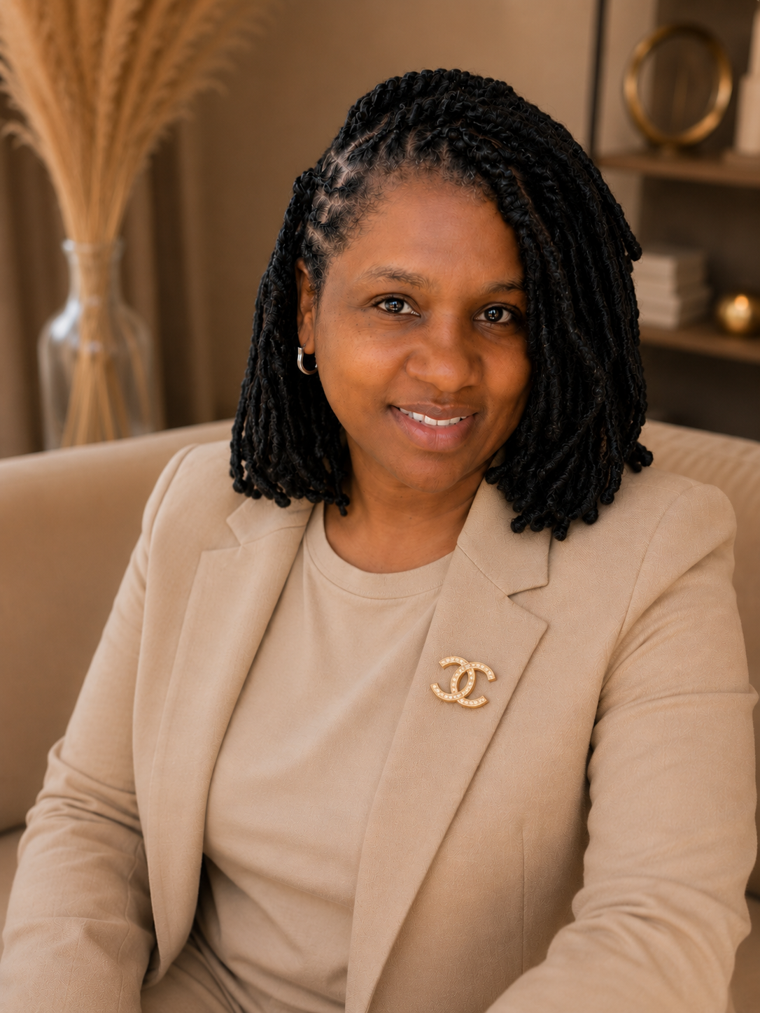 A woman with medium-dark skin and black twisted hair, smiling and wearing a beige blazer with a Chanel brooch, sitting on a beige sofa in a room with beige curtains and shelves with decorative items.