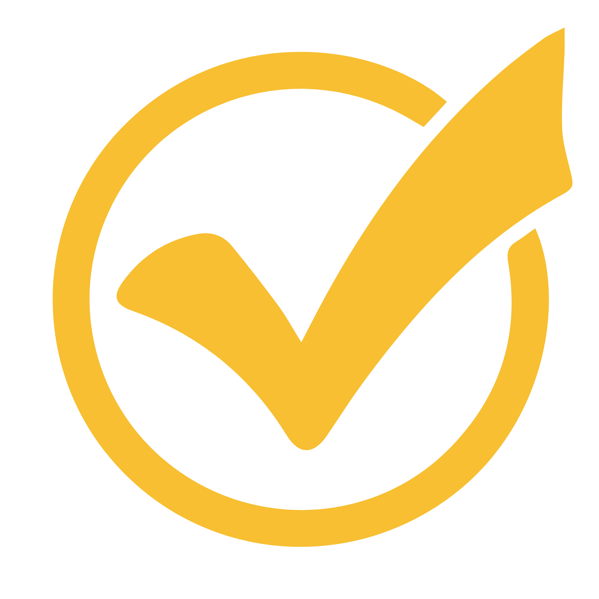 Gold protester badge with a check mark in a black circle on a black background.