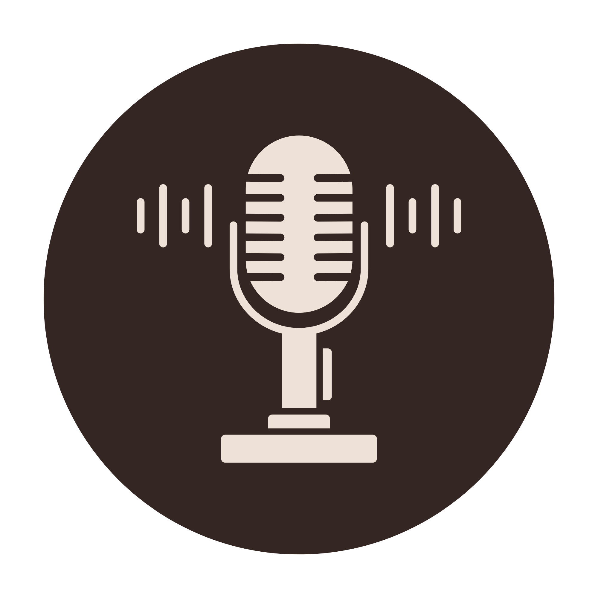 Stylized vintage microphone logo with sound lines on dark background