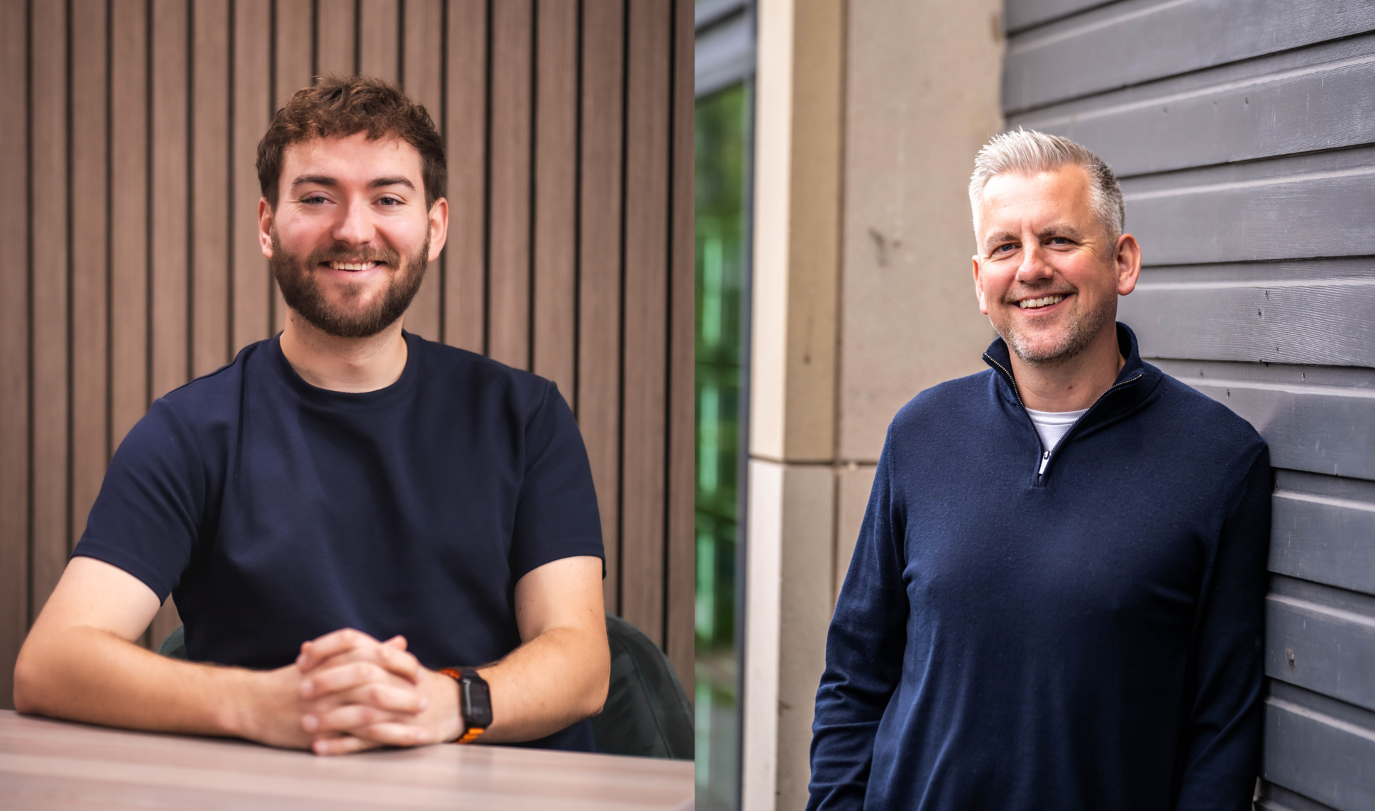 A split image showing a young man on the left and an older man on the right, both smiling. The young man has curly brown hair, a beard, is wearing a navy T-shirt, and is seated with hands folded on a table. The older man has short gray hair, a beard, is wearing a navy pullover with a zipper, and is standing outdoors leaning against a gray wooden wall.