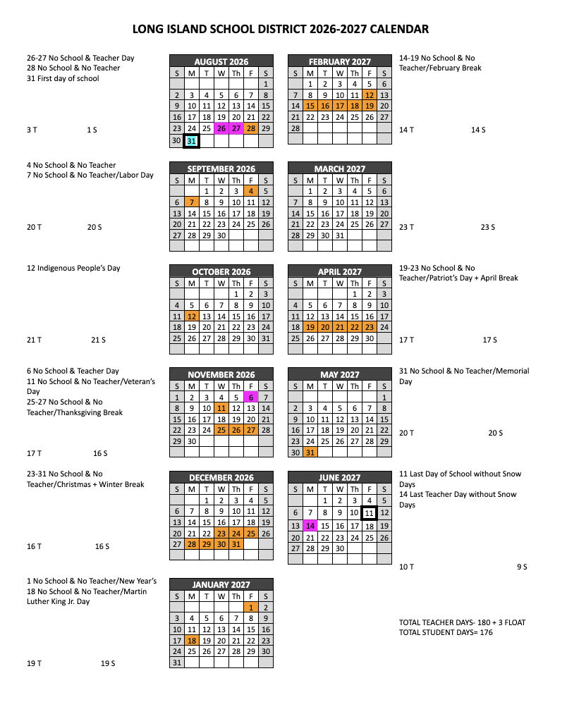 A calendar for Long Island School District for the 2026-2027 academic year, showing months from August 2026 to June 2027 with various holidays, breaks, and special days marked in different colors.