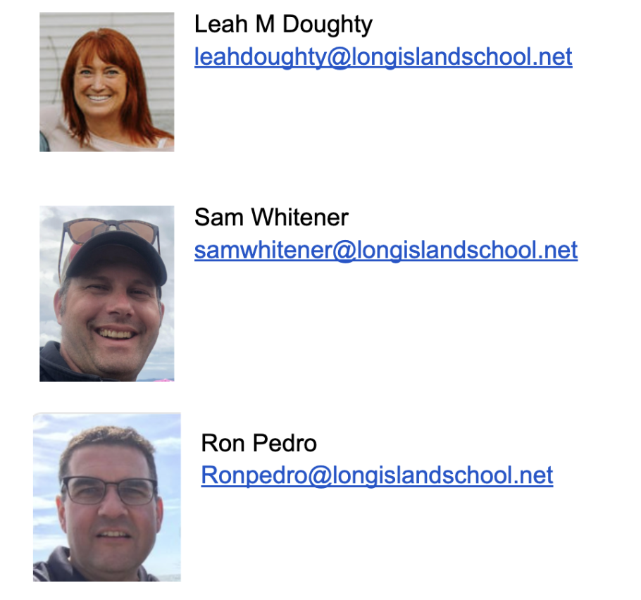 Photographs of three individuals with their names and email addresses. The first is Leah M Doughty, a woman with red hair, smiling. The second is Sam Whitener, a man wearing a cap and sunglasses on his head, smiling. The third is Ron Pedro, a man with glasses, looking at the camera.