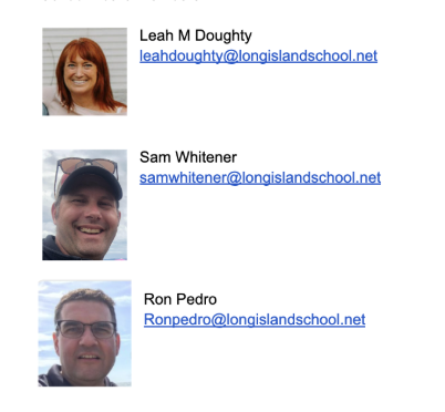 Portraits of three individuals with their names and email addresses: Leah M Doughty, Sam Whitener, and Ron Pedro.