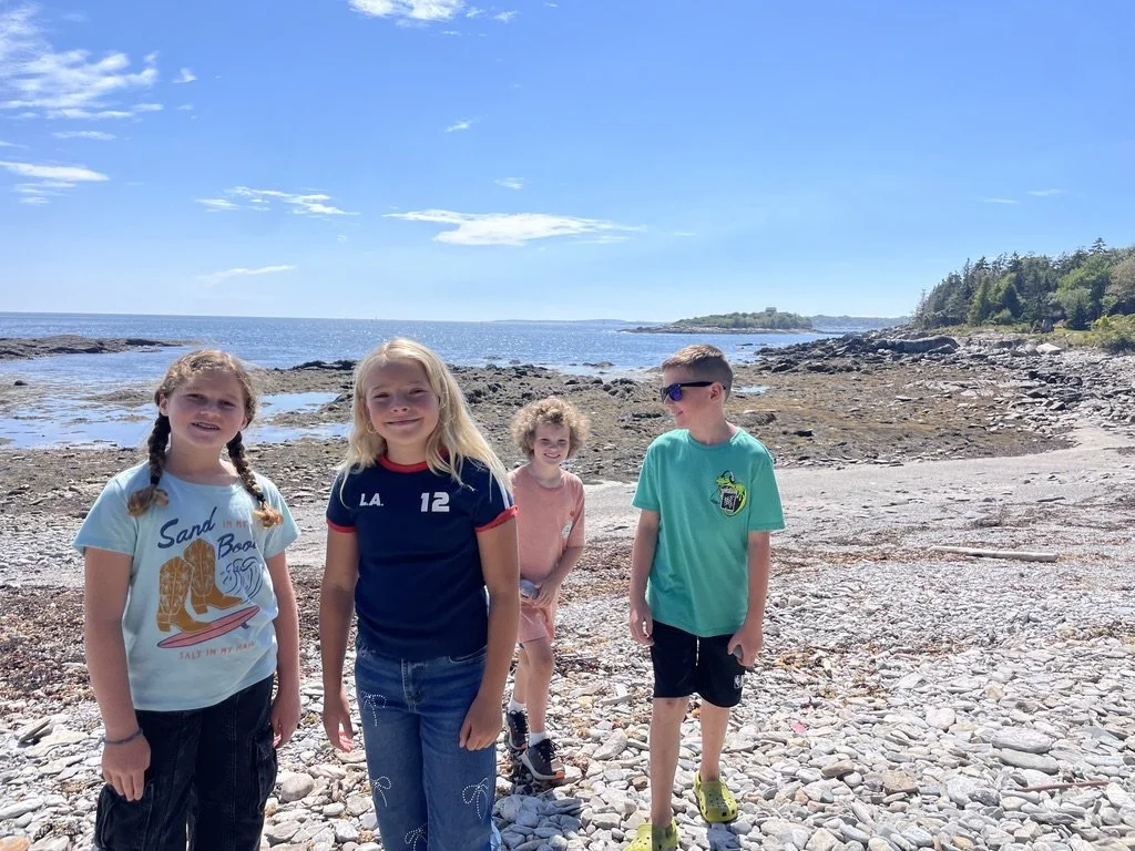 Four children standing on a rocky beach with the ocean and a small landmass in the background, under a clear blue sky.