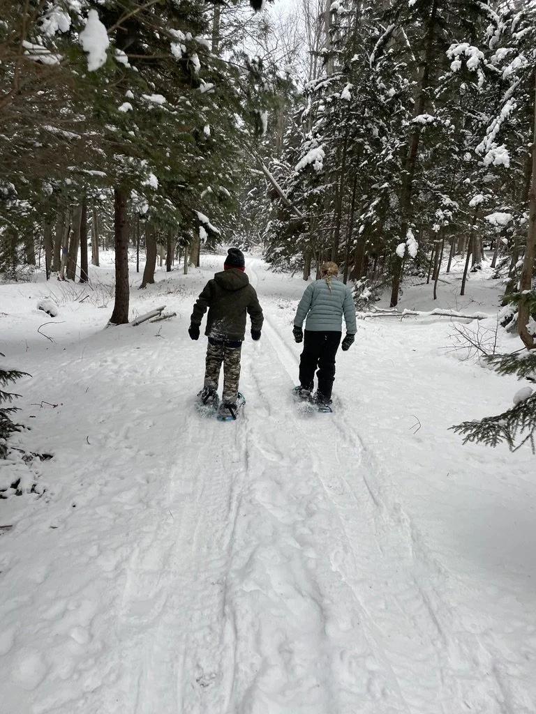 Two children snowshoeing in a snow-covered forest, walking away from the camera.