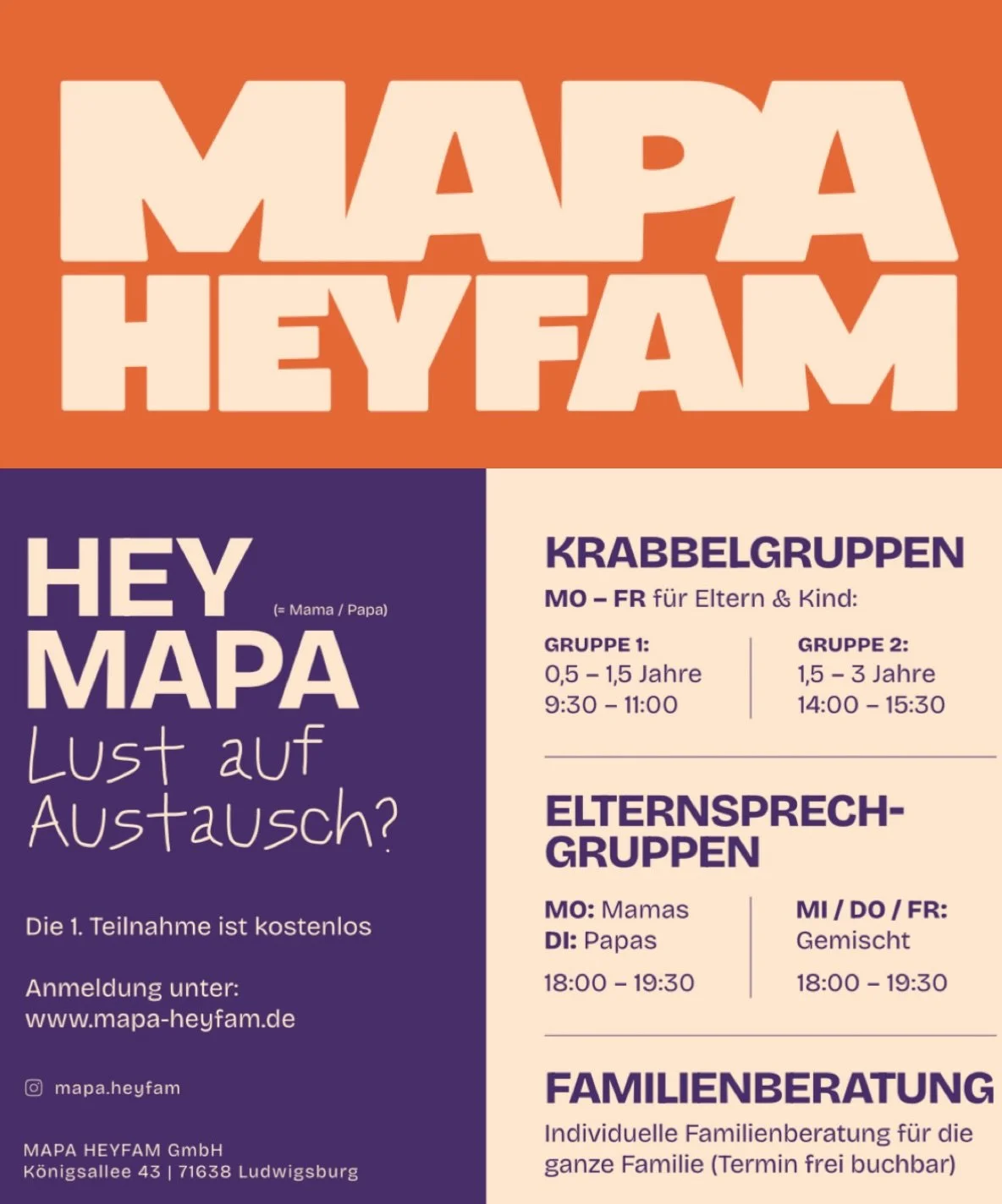 HEY FAM! 🧡

Es ist so weit, &uuml;ber den Link hier:

https://calendly.com/nourajeridi-mapa-heyfam

oder &uuml;ber denk Link in unserer Bio, k&ouml;nnt ihr euch ab sofort f&uuml;r unsere Kurse anmelden

💛 ERSTGESPR&Auml;CH - kostenlos

🐣 KRABBELGR