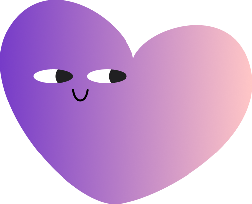 A purple rounded heart with a cartoon face, featuring eyes and a small smiling mouth, set against a gradient pink and purple background.