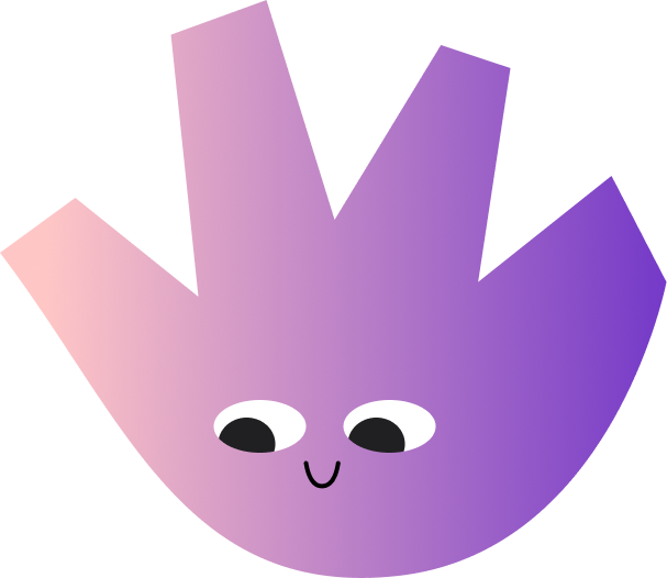 A cartoon purple geometric shape with a smiling face and big white eyes.
