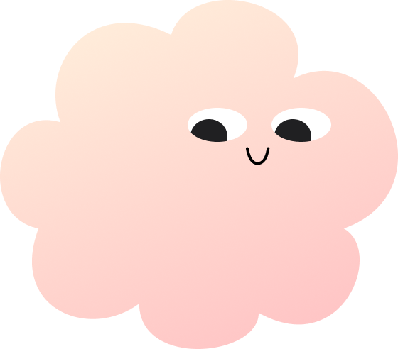 Cute cartoon pink cloud with smiling face, black eyes, and a small smile.