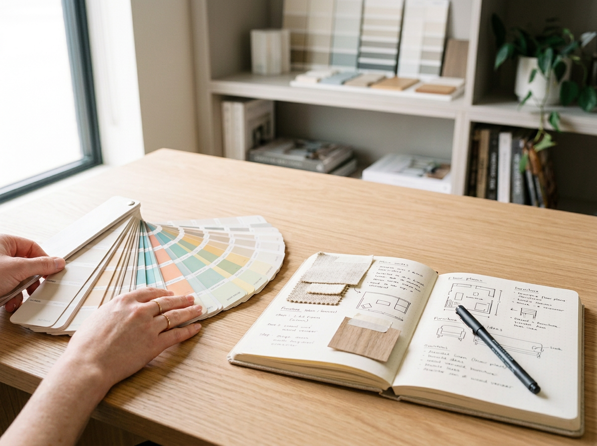 Interior design planning desk with color swatch, fabric samples, and sketchbook, in a bright room with bookshelf and window.