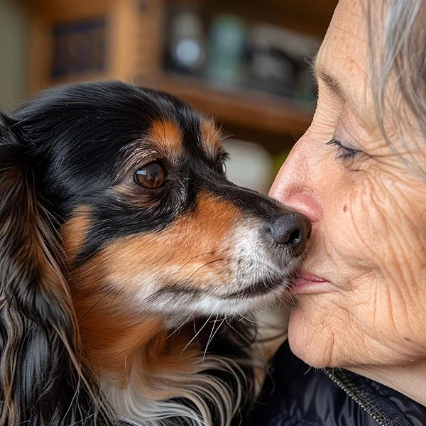 Close-up of an elderly woman and a small dog touching noses, affectionate moment