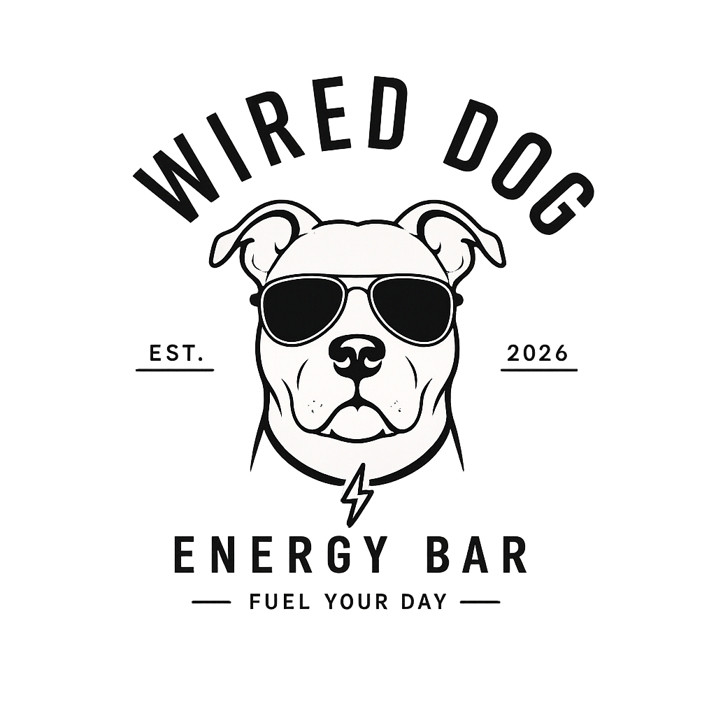 Logo for Wired Dog Energy Bar featuring a dog wearing sunglasses and a lightning bolt necklace, with the text "Wired Dog," "EST. 2026," and "Fuel Your Day."