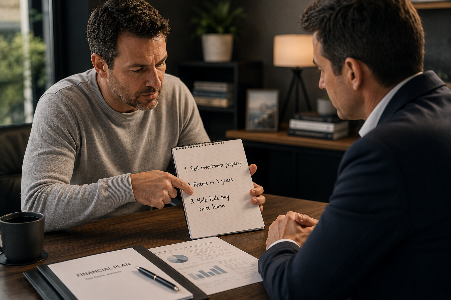 A man in a gray sweater shows a notepad with financial goals to another man in a suit during a business meeting. The notepad lists three goals: 1. Sell investment property, 2. Retire in 3 years, 3. Help kids buy first home. The table has financial documents and a pen, with a black coffee mug nearby.