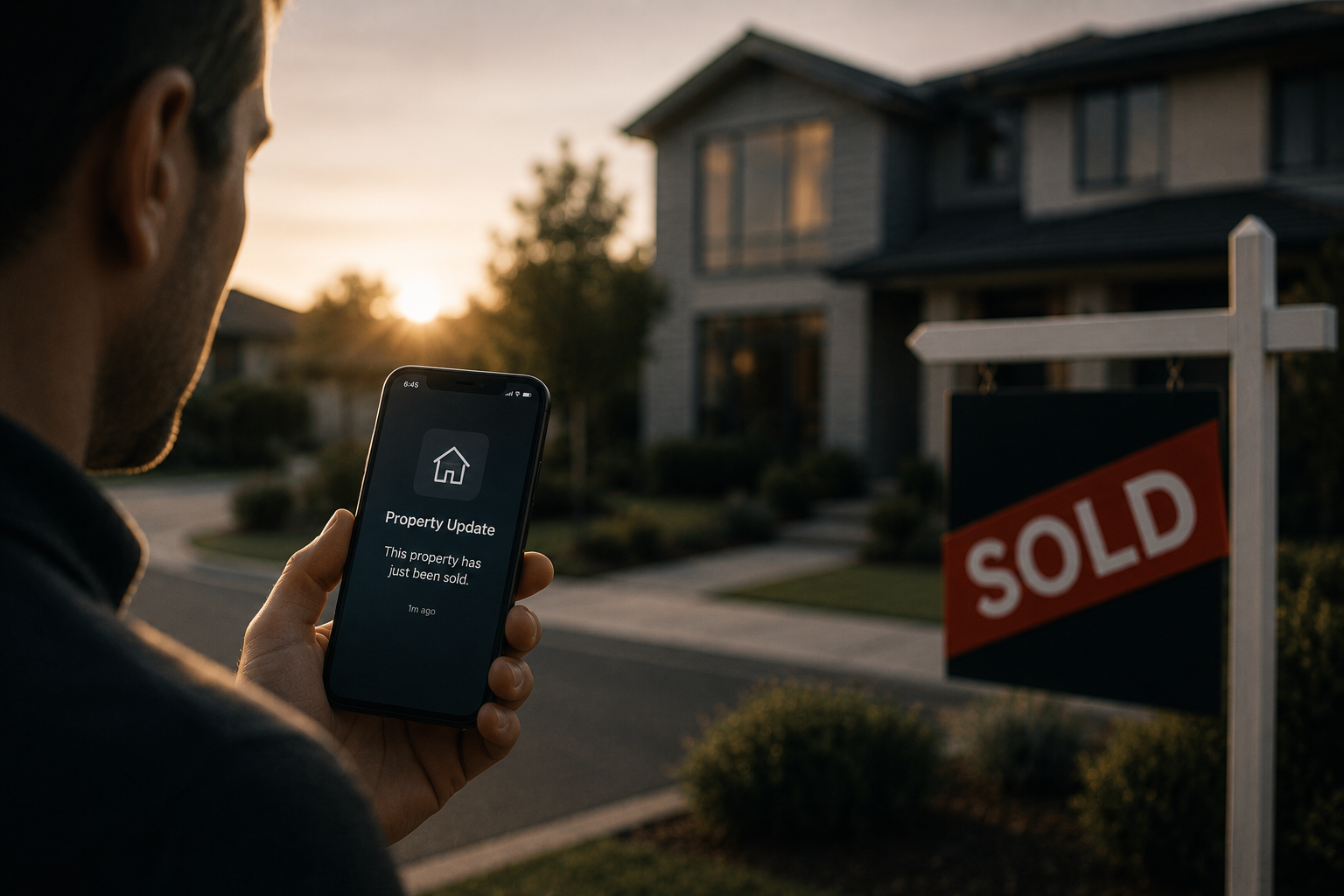 A person holding a smartphone displaying a property update notification that says 'This property has just been sold,' in front of a house with a 'SOLD' sign during sunset.