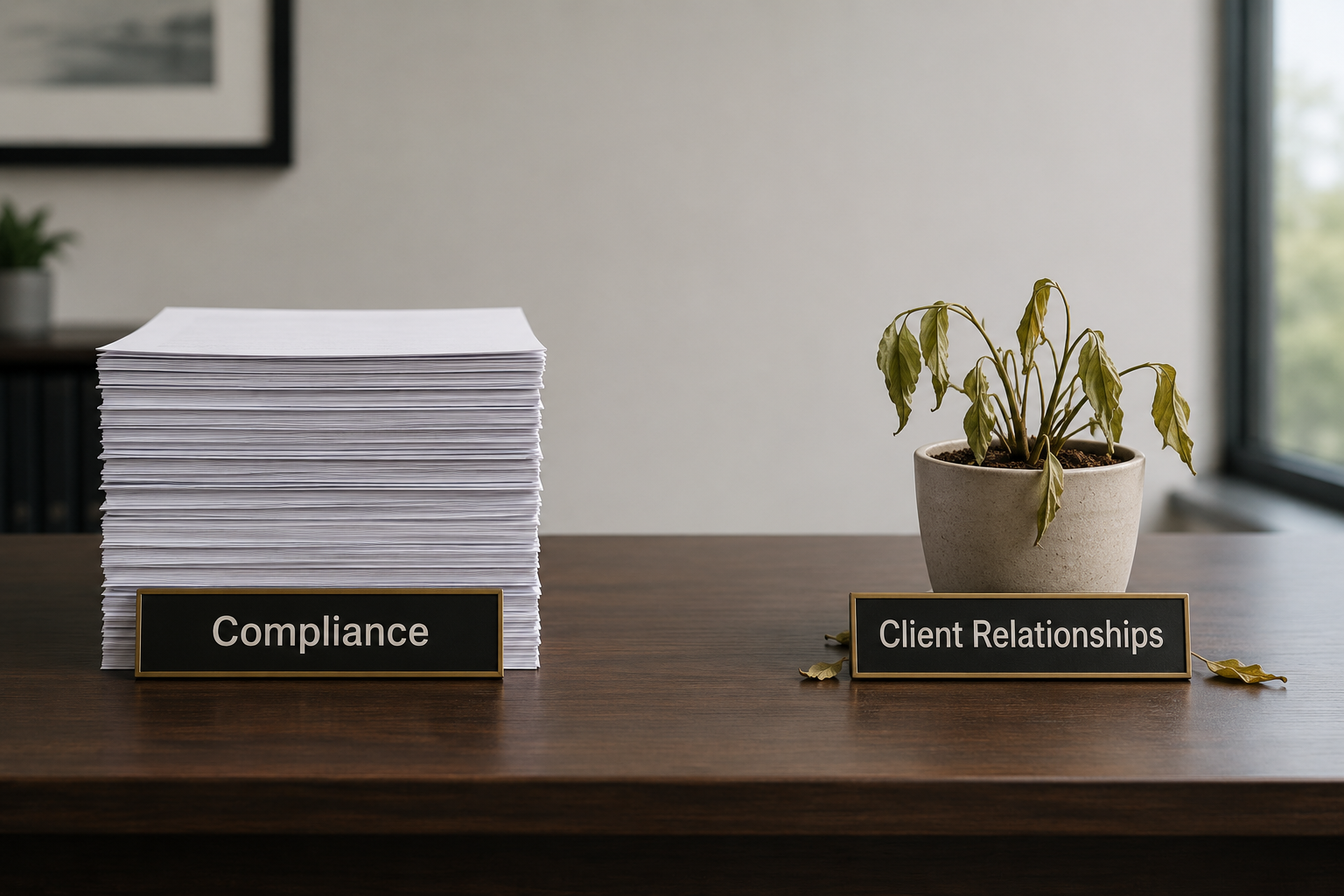 A large stack of papers labeled 'Compliance' and a potted plant labeled 'Client Relationships' on a desk.
