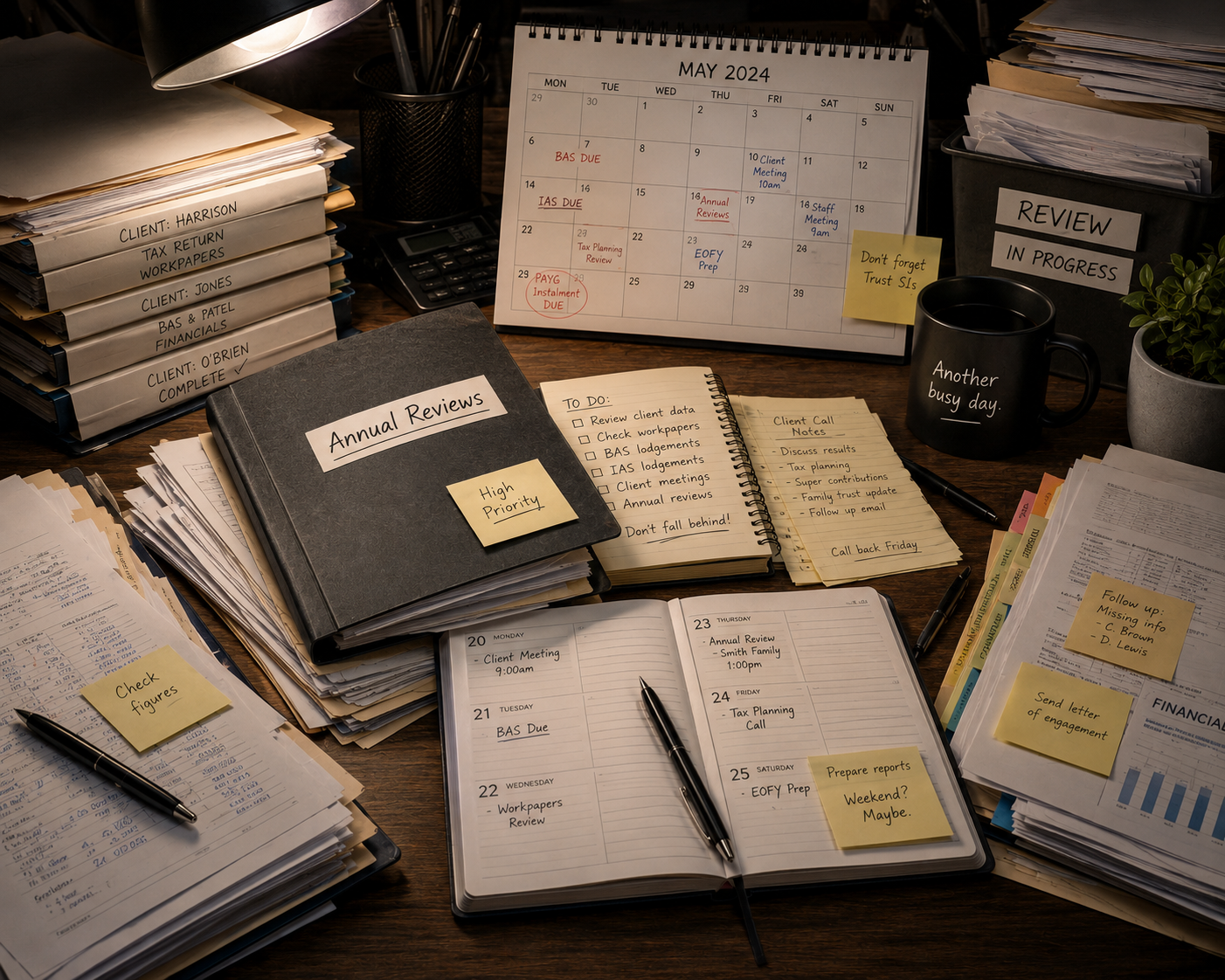 A cluttered office desk with calendars, notebooks, stacks of papers, and pens, indicating a busy workday with tasks and deadlines.
