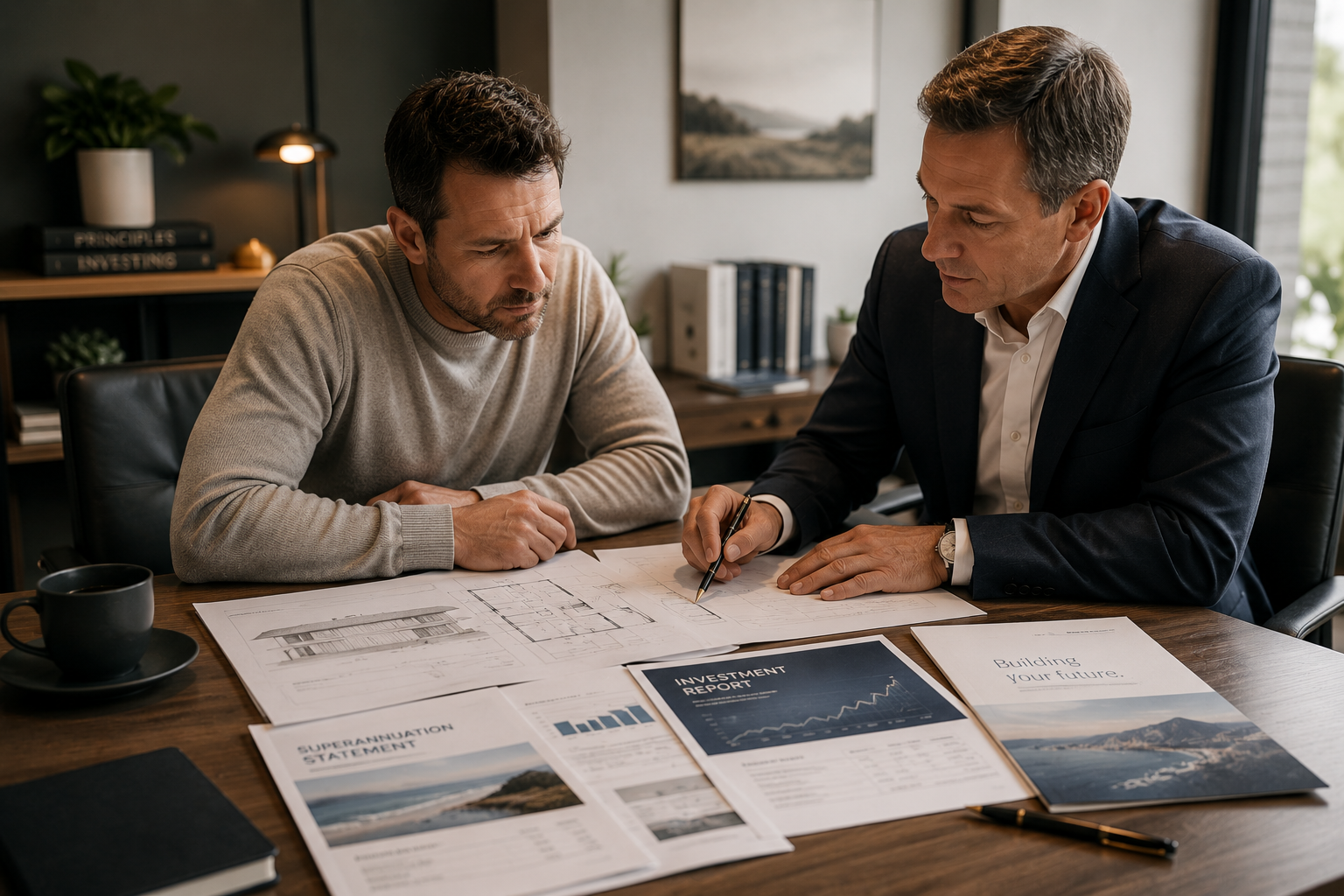 Two men sit at a table reviewing architectural blueprints and financial documents in an office.