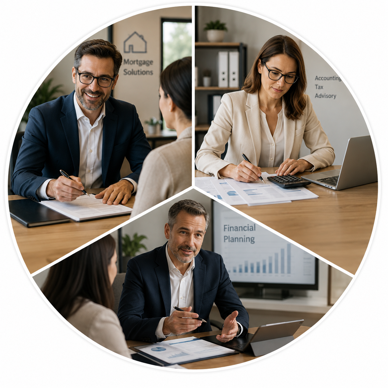 Business meeting with three professionals, two men and one woman, discussing financial and mortgage solutions at a conference table, with charts and documents.