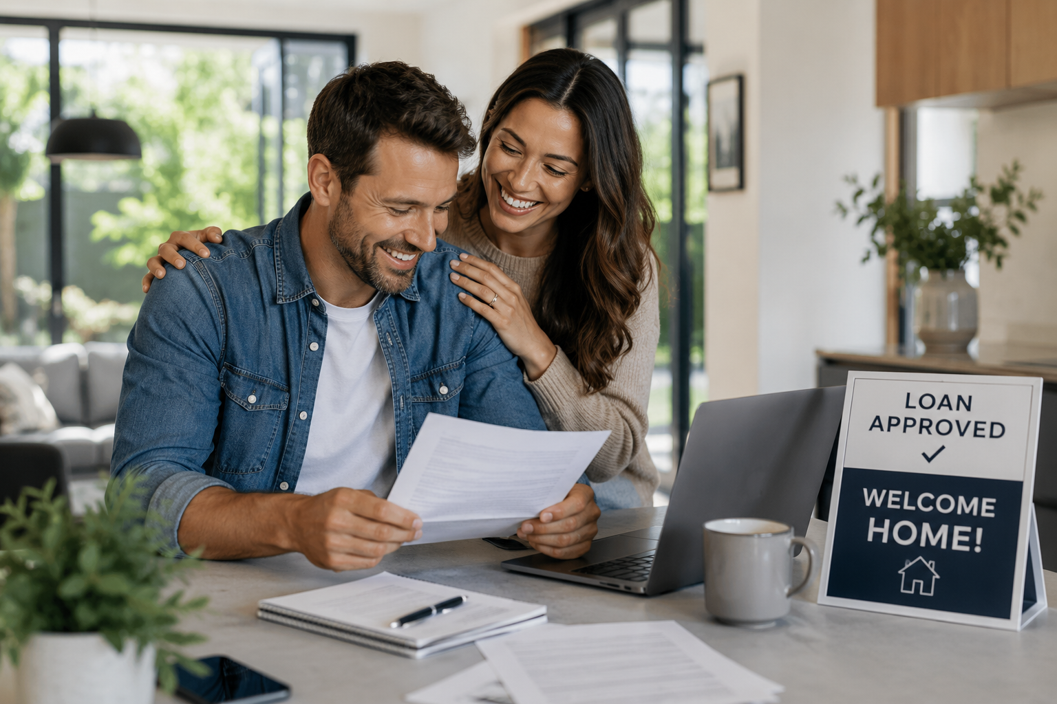 A happy couple reviewing documents at home with a 'Loan Approved' sign on the table, indicating a mortgage or loan approval.