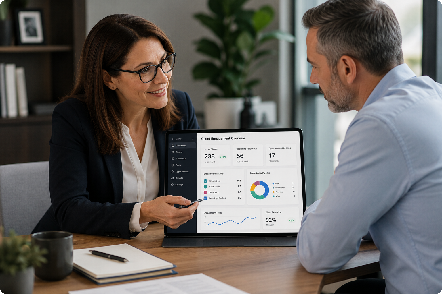 Two business professionals, a woman and a man, sitting at a table in a meeting room, discussing a client engagement overview displayed on a tablet. The woman is pointing at the screen.