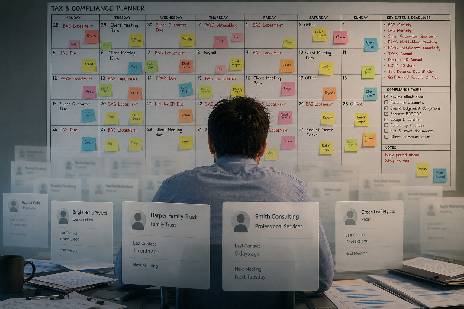 An individual is sitting at a desk in front of a large, detailed monthly planner calendar on a glass wall, filled with colorful sticky notes and handwritten tasks. The desk holds papers, a notebook, a pen, and nameplates displaying company names and contact information.