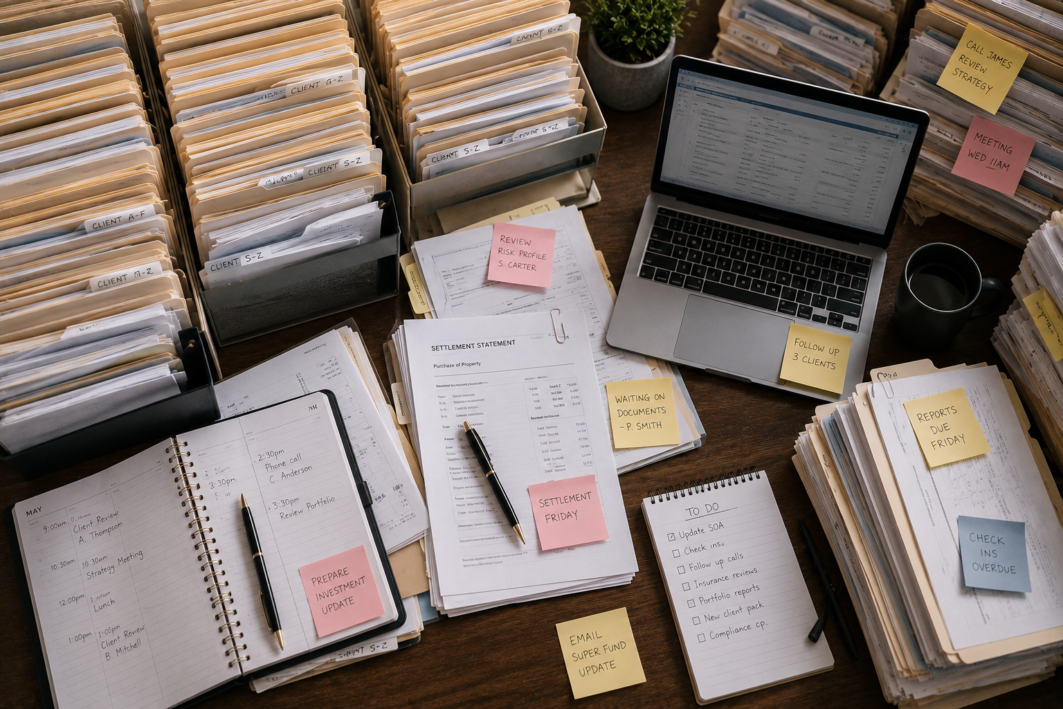 A cluttered desk with numerous file folders labeled alphabetically and by client, sticky notes with reminders, documents, a laptop displaying an email inbox, a coffee mug, and writing utensils.