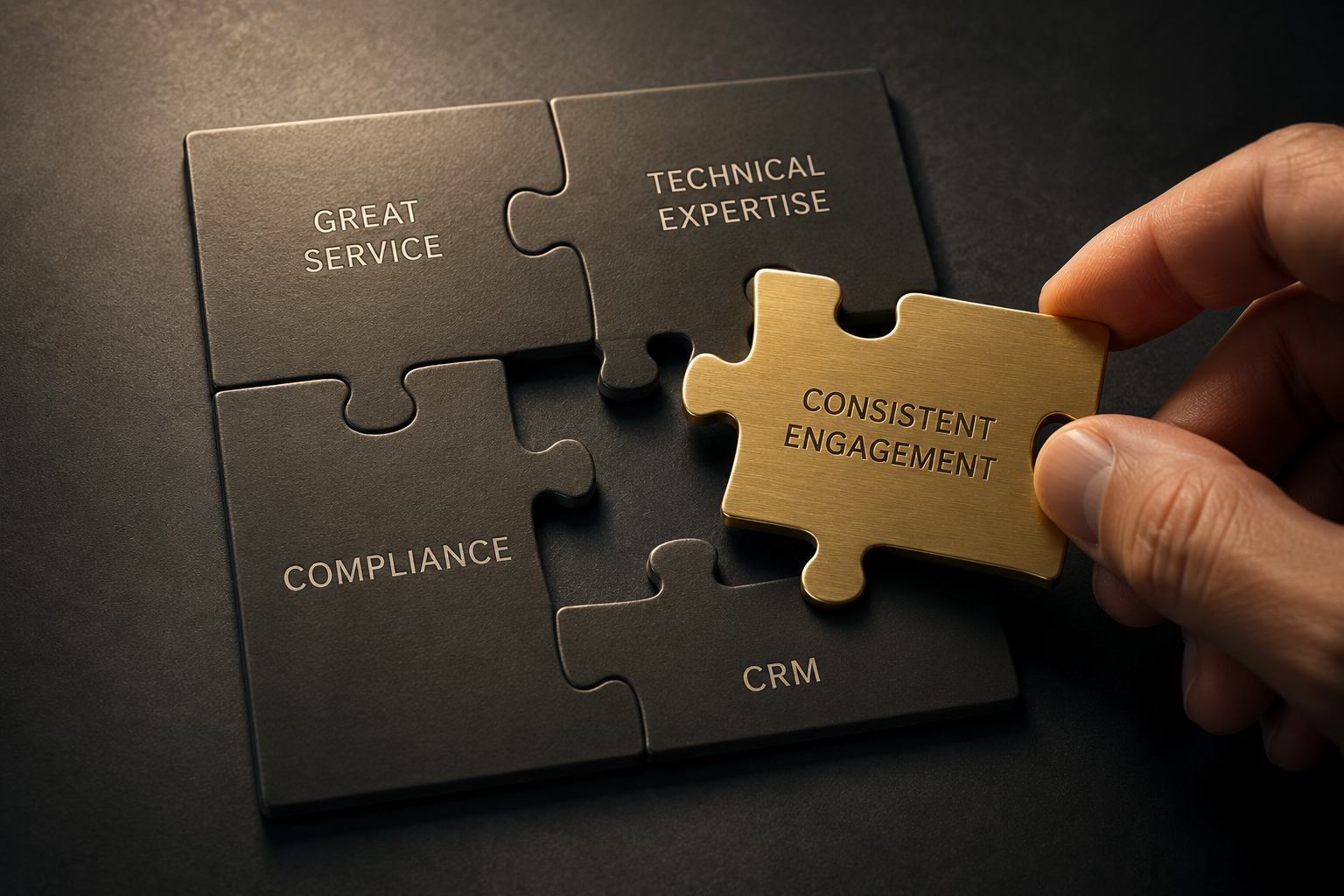 A hand placing a gold puzzle piece labeled 'Consistent Engagement' into a black puzzle with sections labeled 'Great Service,' 'Technical Expertise,' 'Compliance,' and 'CRM'.